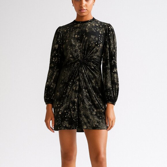 AllSaints Jemima Mini Dress Black Gold Star Velvet Knot Front Holiday Party NWT - Picture 1 of 9